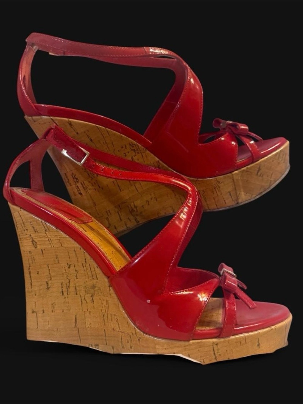 Red Patent Cork Wedge Sandals - Women's Strappy Platform Heels